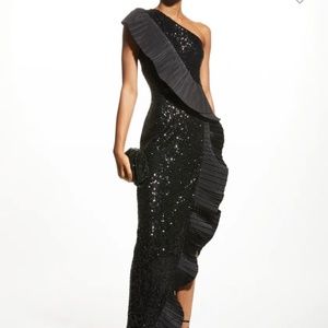 ONE33 SOCIAL One-Shoulder Pleated Taffeta Sequin Gown